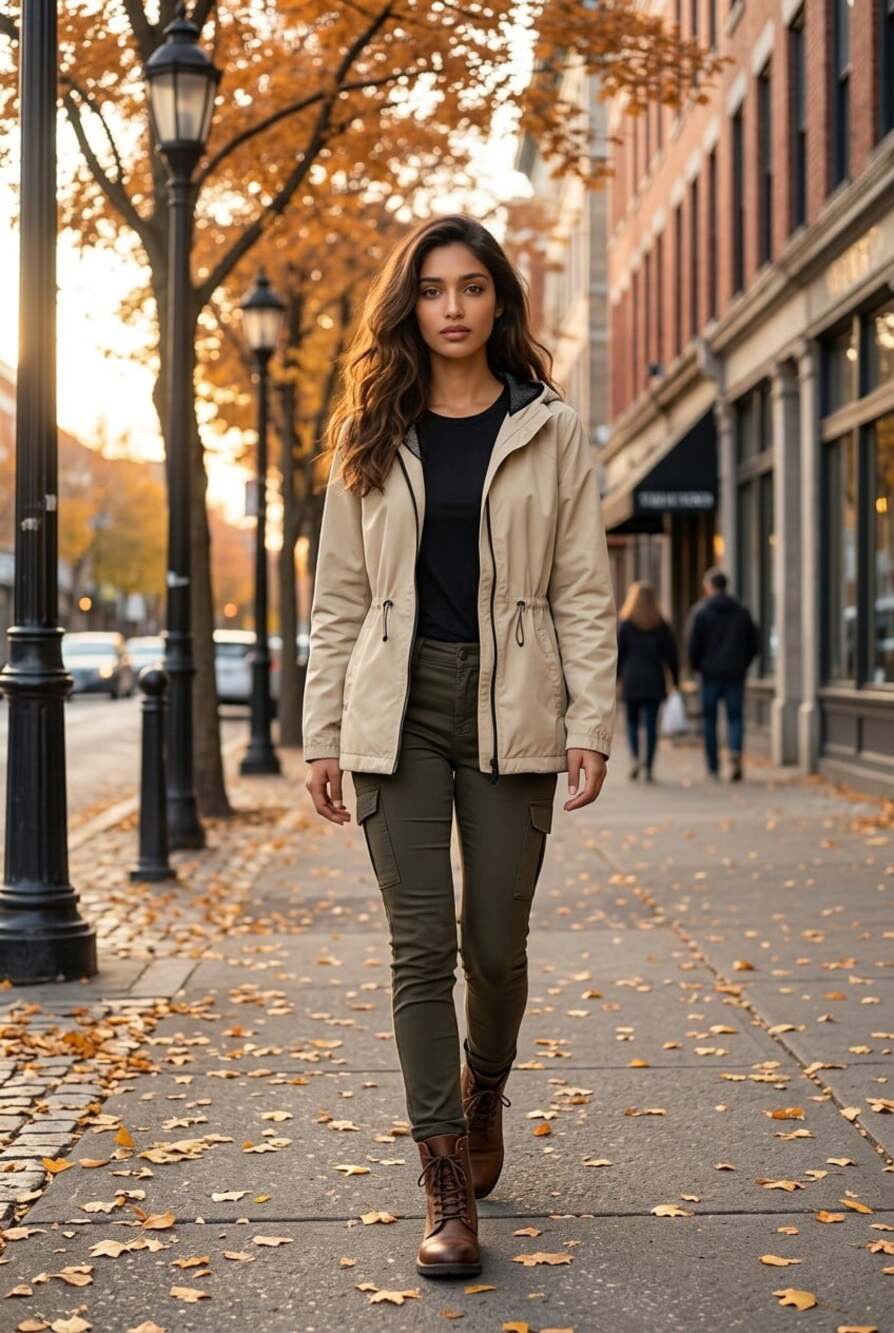 Vtg Beige Hooded Utility Zipper Windbreaker Jacket Drawstring Waist Adventure